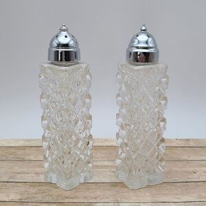 Vintage Glass Pressed Diamond Pattern Salt and Pepper Shakers